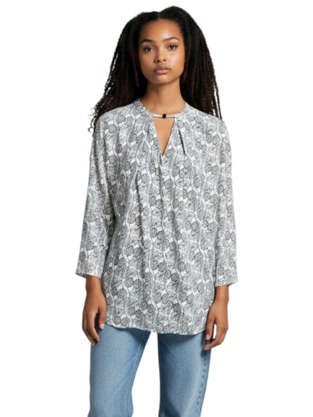 Umgee Paisley Floral Tunic Top Small White Black Long Sleeve Keyhole Boho Cotton